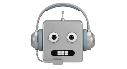Isolated silver robot with headphones ready to help for customer service or call center duty