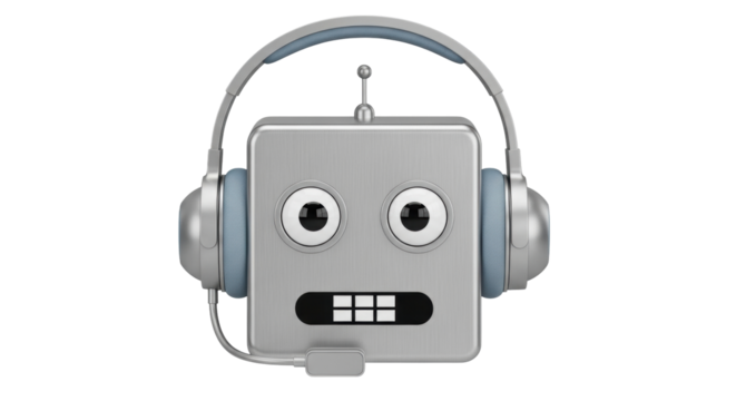 Isolated silver robot with headphones ready to help for customer service or call center duty