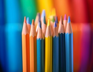 Fototapeta premium vibrant colored pencils standing upright showcasing sharp tips in a blurred rainbow background of creativity and artistic potential