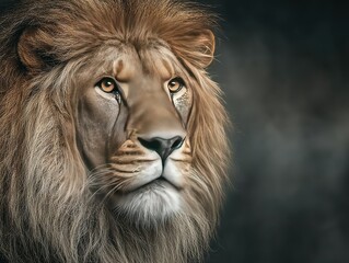 Fototapeta premium Lion portrait on dark background with professional color grading and soft shadows