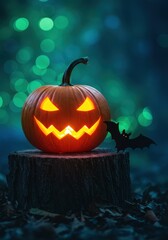 Spooky Halloween Pumpkin With Bat Decorated For Festivities Surrounded By Enchanting Background Lights