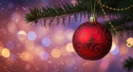 Sparkling Red Christmas Ornament Hanging from Pine Tree Branch with Colorful Bokeh Background and Soft Snowfall Effect