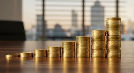 Stacks of Gold Coins Representing Financial Growth and Investment in a Modern Office with Cityscape Background