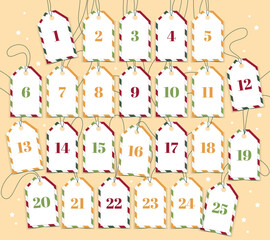 Christmas Advent Calendar with gift tags. Vector illustration