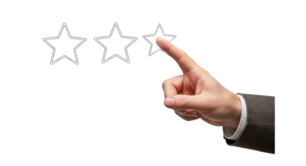 Isolated hand gives rating with three stars for customer feedback, satisfaction review