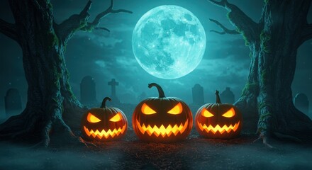 Spooky Pumpkin Decorations Under a Full Moon with Eerie Trees and Graveyard Background for Halloween Celebrations