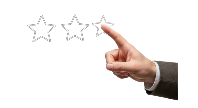 Isolated hand gives rating with three stars for customer feedback, satisfaction review - Powered by Adobe