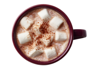 Hot Chocolate with Marshmallows and Cinnamon Powder in Red Mug, Top View,