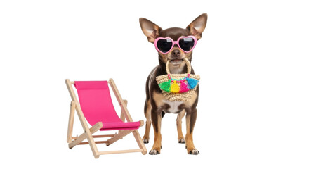 Isolated chihuahua dog wearing heart sunglasses with beach chair against a seamless backdrop