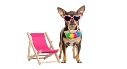 Isolated chihuahua dog wearing heart sunglasses with beach chair against a seamless backdrop