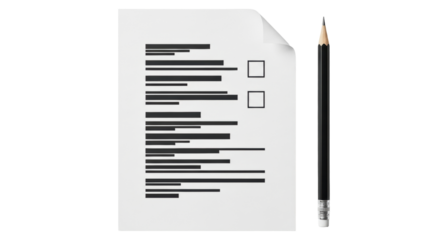 Isolated sheet of paper with horizontal lines and checkboxes next to a black pencil
