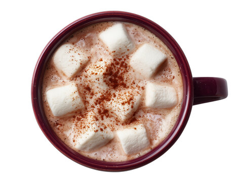 Hot Chocolate with Marshmallows and Cinnamon Powder in Red Mug, Top View,