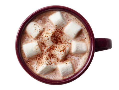 Hot Chocolate with Marshmallows and Cinnamon Powder in Red Mug, Top View,