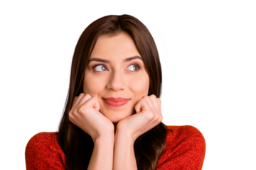 Close up photo gorgeous cheerful cute nice charming girlfriend dreaming of upcoming serene tranquil isolated over yellow vivid color background