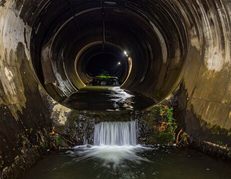 Dark, circular tunnel with flowing water - Powered by Adobe