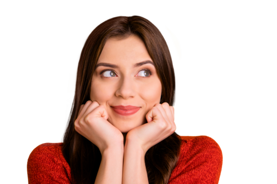 Close up photo gorgeous cheerful cute nice charming girlfriend dreaming of upcoming serene tranquil isolated over yellow vivid color background