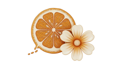 Isolated citrus slice with blossom, juicy orange quarter with cute flower, still life design