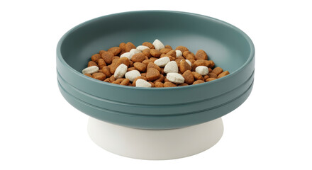 Isolated elevated pet bowl filled with dry food for cat or dog ready for feeding time