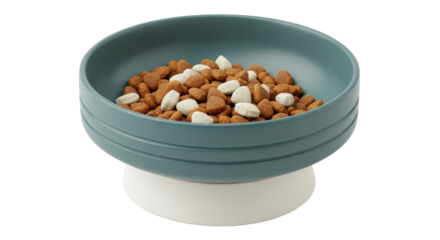 Isolated elevated pet bowl filled with dry food for cat or dog ready for feeding time