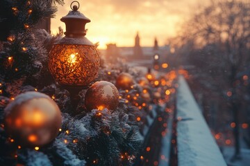 Snow-covered street with vibrant Christmas lights.