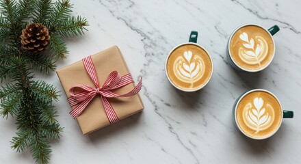 Warm Coffee Cups with Latte Art and Gift Box Surrounded by Pine Branches on Marble Surface