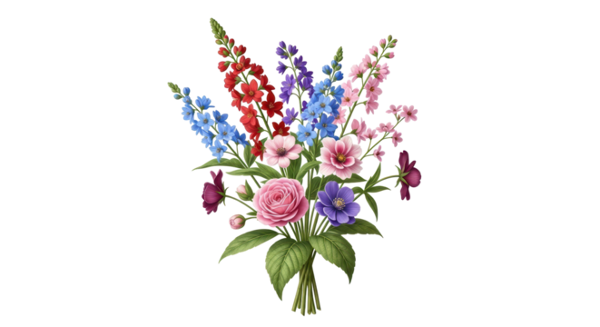 Isolated bouquet of flowers including roses, delphinium, stock, and larkspur blossoms