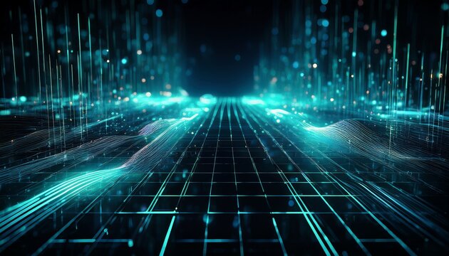 dark abstract glitch grid with teal neon pulses blue glitter and cinematic bokeh overlay