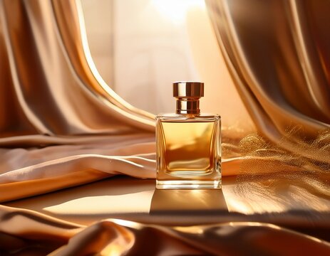 golden perfume elegant mock up with silk and sunlight