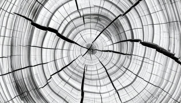 A grayscale close-up captures the intricate concentric rings and radial cracks of a tree cross-section, revealing its age and texture