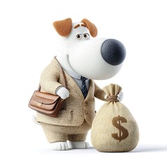 Dog Banker Mascot Holding Money Bag in a Beige Suit with Brown Briefcase 3D Rendered on White