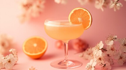 Peach-flavored fruit-flavored soft drink, soft drinks with ice in glasses on a pastel pink background