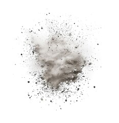 Obraz premium A grayscale image depicts a cloud of dust or powder exploding against a stark white background. The explosion is centrally located with particles scattering outwards
