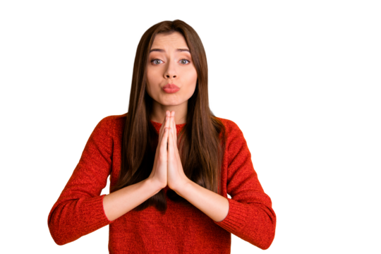 Photo of pleading cute nice sweet lovely girlfriend asking you to purchase with crying facial expression isolated over vivid color background