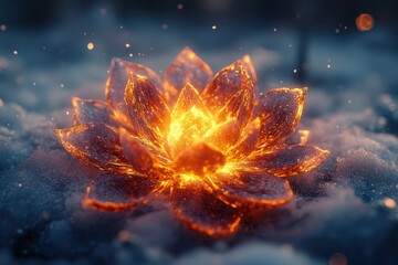 Bright orange flame burning a flower in the snow.