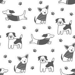 Seamless pattern with outline dogs. Vector illustration in doodle style. Cute dogs and paws on white background.