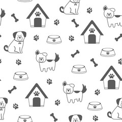 Seamless pattern with outline dogs. Vector illustration in doodle style. Cute dogs, doghouse, treats and bowl on white background. Pet background.
