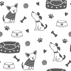Seamless pattern with cute outline dogs. Vector illustration in doodle style. Dog bed, bowl, ball toy. Cute dogs on white background.
