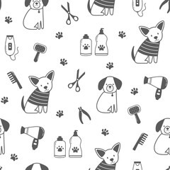 Seamless pattern with outline dogs. Dogs vector illustration in doodle style. Pet grooming, shampoo, comb, hair dryer, scissors. Cute dogs on white background.