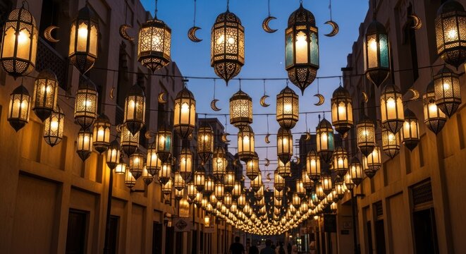 Illuminated lanterns and crescent moon decorations adorn an alleyway, casting warm light on buildings during twilight. The festive street scene shows a tranquil atmosphere with soft, inviting glow.