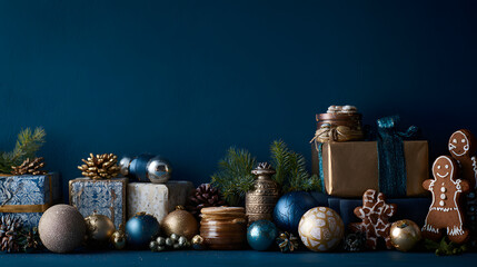 Festive Christmas Holiday Border with Gifts, Gingerbread, and Ornaments