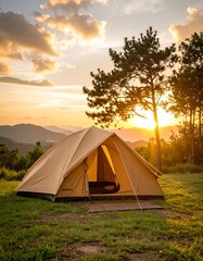 Camping tent at golden sunset