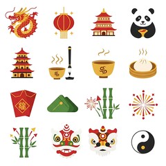 Collection of colorful, flat-design illustrations depicting various Chinese cultural symbols.