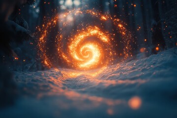 Spiral of fire in snowy forest.