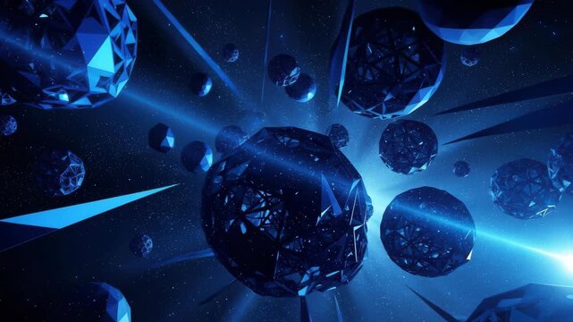 Blue crystal starfield abstract with geometric spheres and light rays - Powered by Adobe