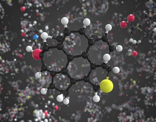 3D molecular model of a complex organic compound, surrounded by numerous other molecules