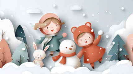 雪の降る森で遊ぶ人間と動物の子供