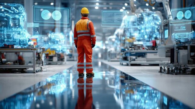 Innovation in the Factory: An engineering figure observes technological machinery within a futuristic automated factory, representing the leading edge of innovative industry.