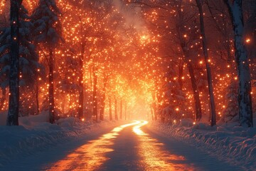 Snowy road with lights shining on the glistening white snow.