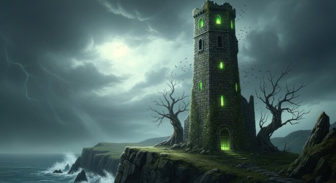 Stone tower with glowing windows stands on a cliff under a stormy sky at night