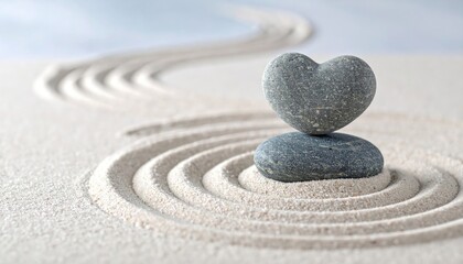 A heart-shaped stone rests atop another, centered within concentric circles raked into pale sand; a gentle, curving line extends from the circles into the blurred background